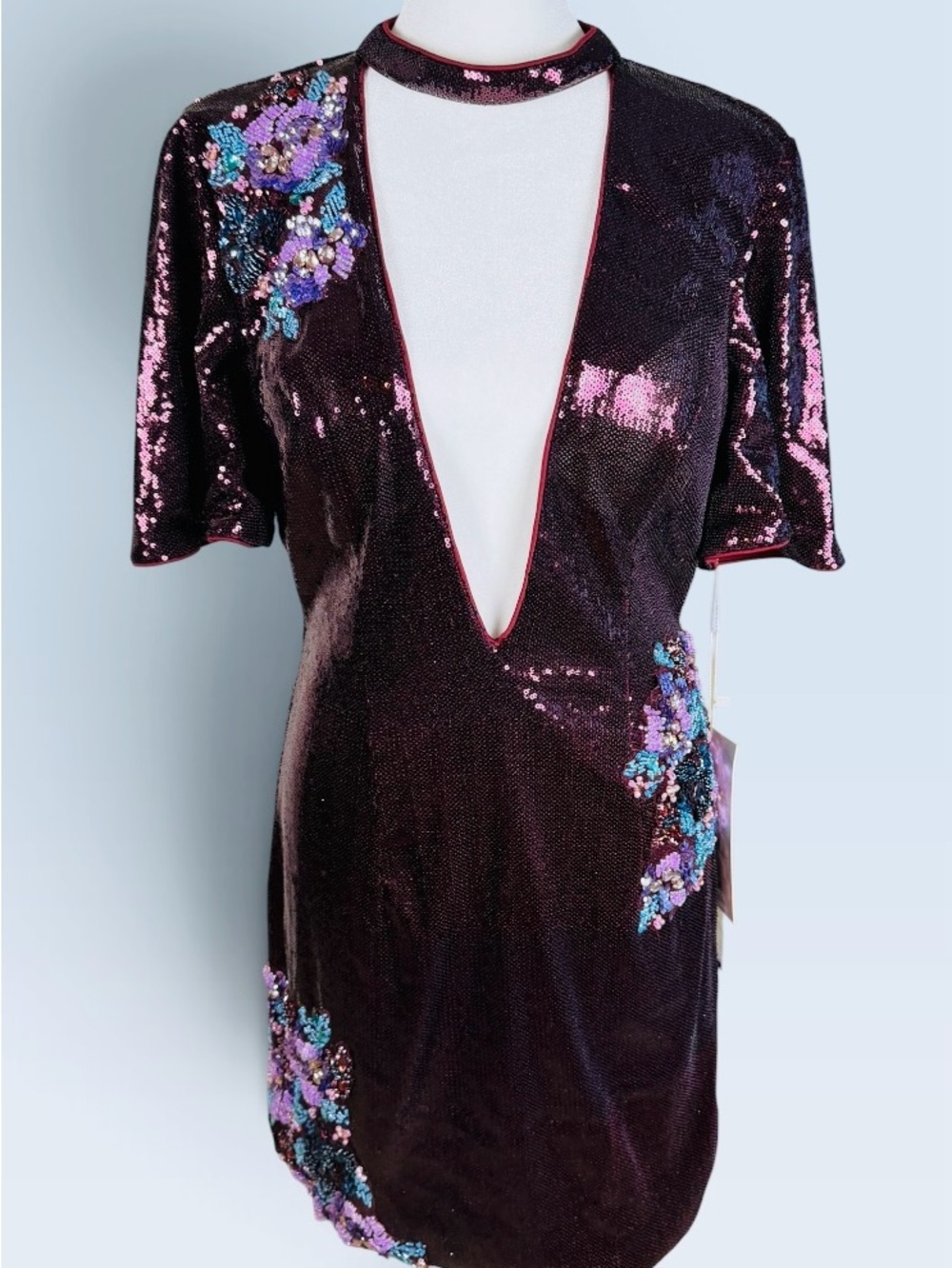Rachel Allan Marsala Sequin Deep V Mini Dress Elaborate Floral Appliqués 12 NWT